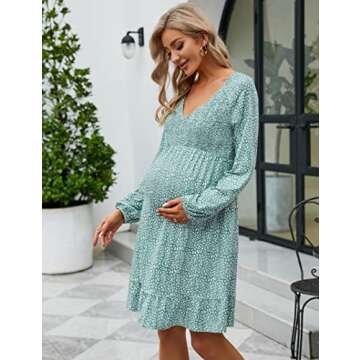 Coolmee Women's Maternity Long Sleeve Ruffle Dress V Neck Smocked Fall Casual Flowy Midi Dress for Baby Shower Photoshoot Long Sleeve Green Floral M