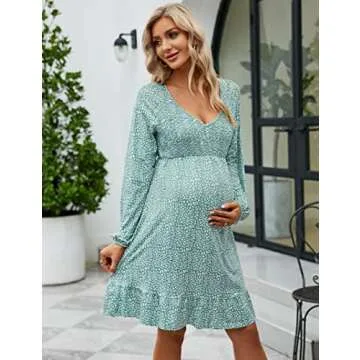 Coolmee Women's Maternity Long Sleeve Ruffle Dress V Neck Smocked Fall Casual Flowy Midi Dress for Baby Shower Photoshoot Long Sleeve Green Floral M