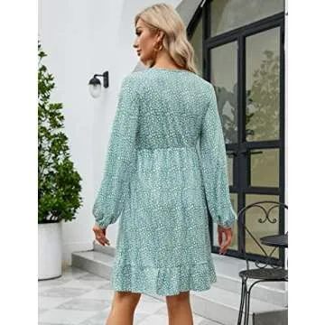 Coolmee Women's Maternity Long Sleeve Ruffle Dress V Neck Smocked Fall Casual Flowy Midi Dress for Baby Shower Photoshoot Long Sleeve Green Floral M
