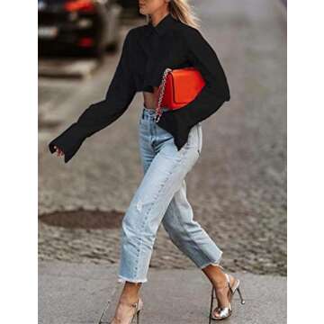 MISSACTIVER Women Solid Long Sleeve Button Up Crop Shirt Turn-Down Collar Irregular Loose Fitting Fashion Cropped Blouse Top(Small,Black)