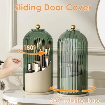 YOOLENS Makeup Brush Holder with Lid 360 Rotating Clear Dustproof Make Up Organizers for Vanity Bathroom Countertop, Green Beige