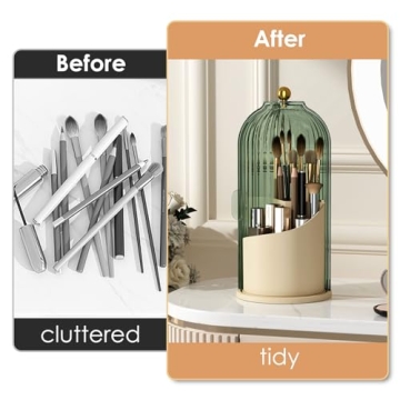 YOOLENS Makeup Brush Holder with Lid 360 Rotating Clear Dustproof Make Up Organizers for Vanity Bathroom Countertop, Green Beige