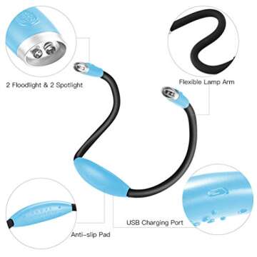 LEDGLE Updated Neck Light for Knitting Portable Book Light for Reading in Bed with 4 Brightness Levels, Flexible Comfortable Soft Silicone Arms, Perfect for Craft, Knitting, Repairing (Blue)