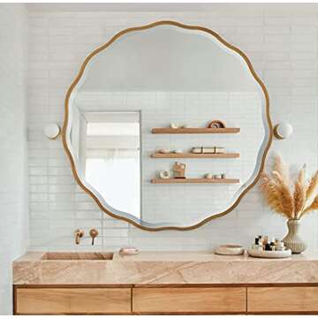MOTINI 32" Round Beveled Mirrors Wall Mounted Gold Flower-like Irregular Frame Decorative Mirror for Bathroom Vanity, Living Room, Bedroom, Entryway Wall Decor