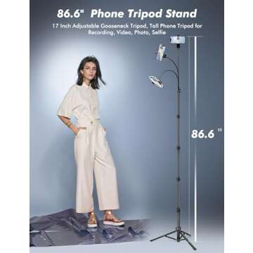 Phone Tripod Stand, Selfie Stick Tripod, 86.6" Tall Cell Phone Tripod with Adjustable Gooseneck Remote Phone Holder, Tripod for Phone Camera Compatible with iPhone 15 14 13 12 11 Pro