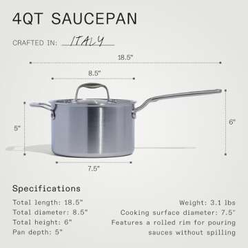 Made In Cookware - 4 Quart Stainless Steel Saucepan with Lid - 5 Ply Stainless Clad Sauce Pan - Professional Cookware - Crafted in Italy - Induction Compatible