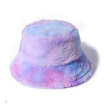 Women’s Tie Dye Rainbow Faux Fur Bucket Hat for Winter