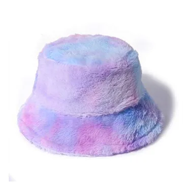 Women’s Tie Dye Rainbow Faux Fur Bucket Hat for Winter