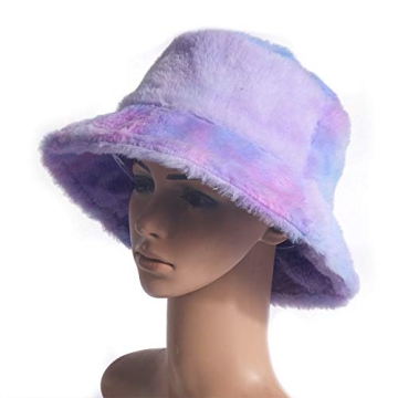 Women’s Tie Dye Rainbow Faux Fur Bucket Hat for Winter