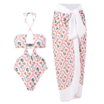 Women Two Pieces Swimsuits with Sheer Cover Ups Cheeky Push Up Bathing Suits with Wrap Skirt Halter ...