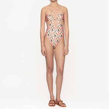 Women Two Pieces Swimsuits with Sheer Cover Ups Cheeky Push Up Bathing Suits with Wrap Skirt Halter Flattering High Cut Bikini Set Floral Sexy Plunge Summer Bandeau Swimwear White Halter S