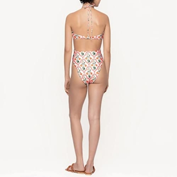 Women Two Pieces Swimsuits with Sheer Cover Ups Cheeky Push Up Bathing Suits with Wrap Skirt Halter Flattering High Cut Bikini Set Floral Sexy Plunge Summer Bandeau Swimwear White Halter S