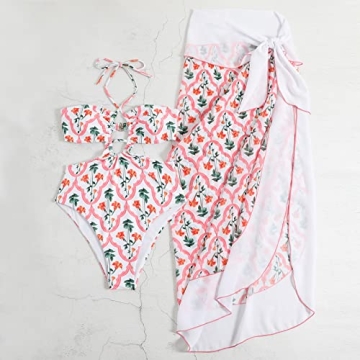 Women Two Pieces Swimsuits with Sheer Cover Ups Cheeky Push Up Bathing Suits with Wrap Skirt Halter Flattering High Cut Bikini Set Floral Sexy Plunge Summer Bandeau Swimwear White Halter S