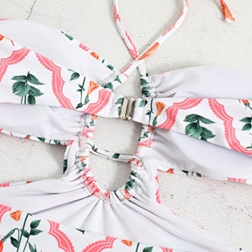 Women Two Pieces Swimsuits with Sheer Cover Ups Cheeky Push Up Bathing Suits with Wrap Skirt Halter Flattering High Cut Bikini Set Floral Sexy Plunge Summer Bandeau Swimwear White Halter S