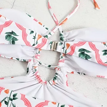 Women Two Pieces Swimsuits with Sheer Cover Ups Cheeky Push Up Bathing Suits with Wrap Skirt Halter Flattering High Cut Bikini Set Floral Sexy Plunge Summer Bandeau Swimwear White Halter S
