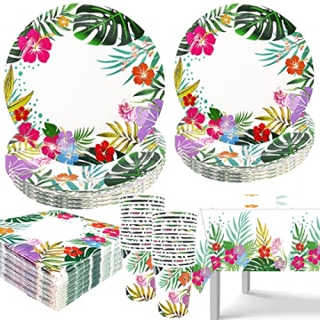 121 PCS Luau Hawaiian Party Decorations - Aloha Tropical Party Tableware Supplies Including Plates, ...