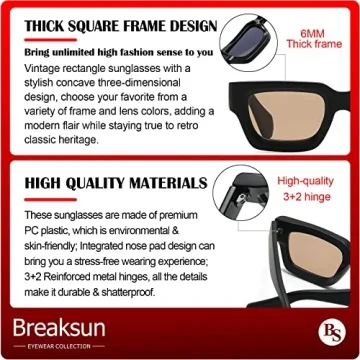 Breaksun Thick Rectangle Sunglasses: 90s Retro Style for All