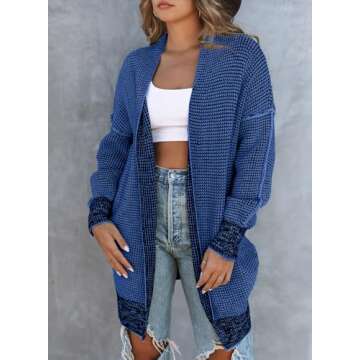 Sidefeel Sweaters for Women Long Sleeve Open Front Knit Plaid Chunky Cardigans Oversized Sweaters Winter Coats Deep Blue Small