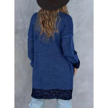 Sidefeel Sweaters for Women Long Sleeve Open Front Knit Plaid Chunky Cardigans Oversized Sweaters Winter Coats Deep Blue Small