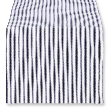 Cackleberry Home Navy Blue and White Ticking Stripe Woven Cotton Table Runner Reversible 14 x 108 In...