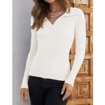 ZESICA Sweaters for Women Spring Long Sleeve V Neck Ribbed Knit Pullover Tops Casual Slim Fit Basic Tee Shirts,White,Small