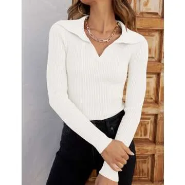 ZESICA Sweaters for Women Spring Long Sleeve V Neck Ribbed Knit Pullover Tops Casual Slim Fit Basic Tee Shirts,White,Small