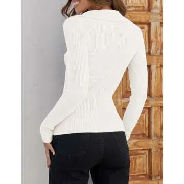 ZESICA Sweaters for Women Spring Long Sleeve V Neck Ribbed Knit Pullover Tops Casual Slim Fit Basic Tee Shirts,White,Small