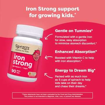 Renzo's Iron Supplements for Kids - Dissolvable Vegan Iron Supplement with Vitamin C - Sugar Free, Oh-Oh-Oh Orange Flavor, 90 Melty Tabs