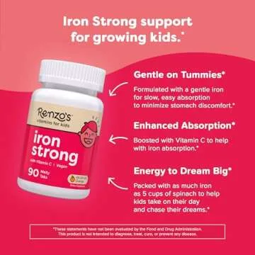 Renzo's Iron Supplements for Kids - Dissolvable Vegan Iron Supplement with Vitamin C - Sugar Free, Oh-Oh-Oh Orange Flavor, 90 Melty Tabs