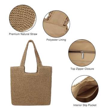 Women Large Straw Beach Bag Handmade Woven Shoulder Bags Hobo Tote Handbag Purse for Summer (A Brown...