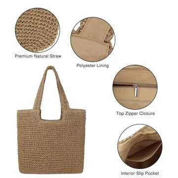Women Large Straw Beach Bag Handmade Woven Shoulder Bags Hobo Tote Handbag Purse for Summer (A Brown...