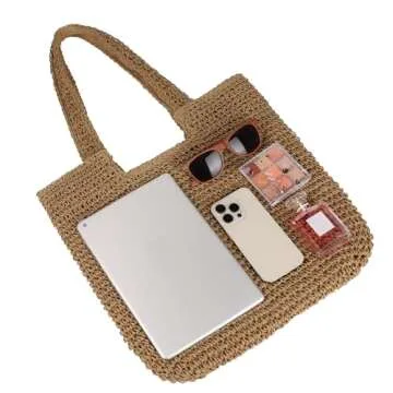 Women Large Straw Beach Bag Handmade Woven Shoulder Bags Hobo Tote Handbag Purse for Summer (A Brown)