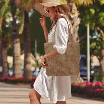 Women Large Straw Beach Bag Handmade Woven Shoulder Bags Hobo Tote Handbag Purse for Summer (A Brown)