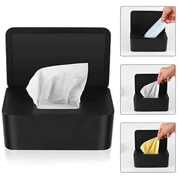 VVEMERK Wipes Dispenser, Dustproof Tissue Storage Box Wet Wipes Dispenser Holder Portable with Lid Wipe Holder Keeps Wipes Fresh Modern Rectangular Wipe Container with Sealing Design (Black)