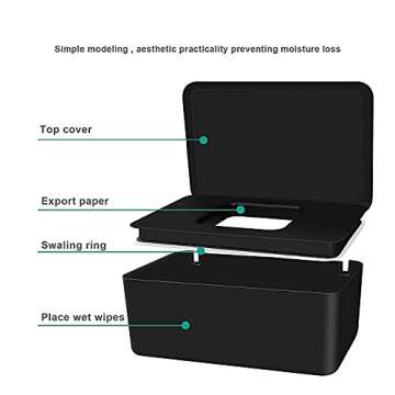 VVEMERK Wipes Dispenser, Dustproof Tissue Storage Box Wet Wipes Dispenser Holder Portable with Lid Wipe Holder Keeps Wipes Fresh Modern Rectangular Wipe Container with Sealing Design (Black)