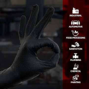 Jointown Basic Heavy Duty Nitrile Gloves Black Mechanic Gloves Large, 8 Mil Nitrile Disposable Gloves with Raised Diamond Texture, Latex Free, Powder Free Industrial Automotive Gloves Box of 100