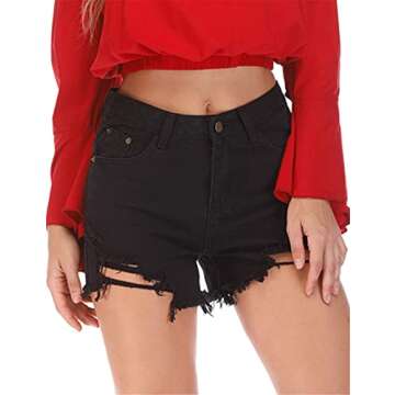 Haola Womens Denim Shorts Summer Stretchy Frayed Raw Hem Distressed Jeans Shorts Black M