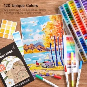 120 Colors Dual Tip Brush Marker Pens with 1 Coloring Book, Fineliner and Brush Dual Tip Markers Set, Water-based Ink Perfect for Kids Adult Artist Calligraphy Hand Lettering Journal Doodling Writing