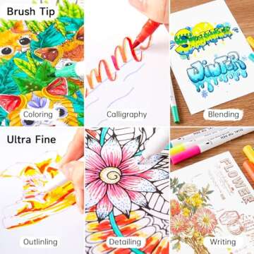 120 Colors Dual Tip Brush Marker Pens with 1 Coloring Book, Fineliner and Brush Dual Tip Markers Set, Water-based Ink Perfect for Kids Adult Artist Calligraphy Hand Lettering Journal Doodling Writing