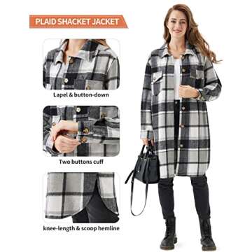 URBEST Women's Long Plaid Shacket, Lapel Button Down Shirt, Oversized Long Sleeve Jacket, Side Pocke...