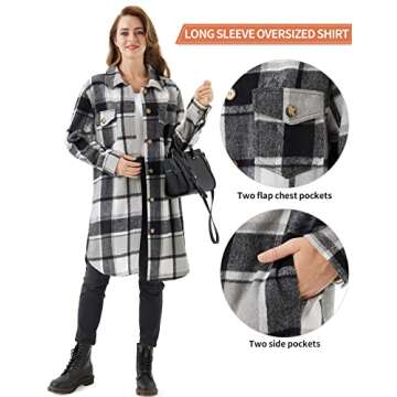 URBEST Women's Long Plaid Shacket, Lapel Button Down Shirt, Oversized Long Sleeve Jacket, Side Pocket Knee Length Brushed Coat Grey XL