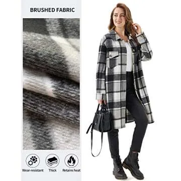 URBEST Women's Long Plaid Shacket, Lapel Button Down Shirt, Oversized Long Sleeve Jacket, Side Pocket Knee Length Brushed Coat Grey XL