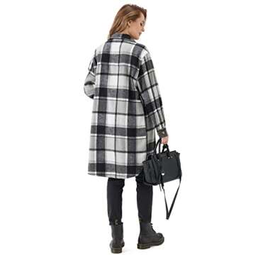 URBEST Women's Long Plaid Shacket, Lapel Button Down Shirt, Oversized Long Sleeve Jacket, Side Pocket Knee Length Brushed Coat Grey XL