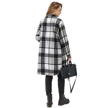 URBEST Women's Long Plaid Shacket, Lapel Button Down Shirt, Oversized Long Sleeve Jacket, Side Pocket Knee Length Brushed Coat Grey XL