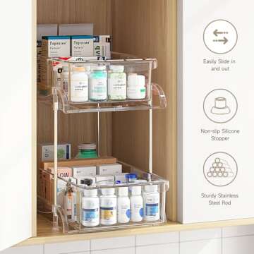 MHHA 2 Pack Bathroom Cabinet Organizer, 2 Tier Clear Under Sink Organizers and Storage Medicine Cabinet Organizer with Dividers, Pull Out Kitchen Pantry Shelf Cupboard Closet Vanity Organization Bins