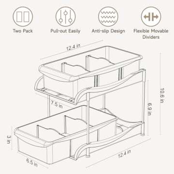MHHA 2 Pack Bathroom Cabinet Organizer, 2 Tier Clear Under Sink Organizers and Storage Medicine Cabinet Organizer with Dividers, Pull Out Kitchen Pantry Shelf Cupboard Closet Vanity Organization Bins