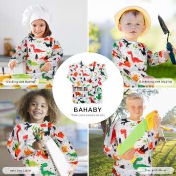 BAHABY Kids Art Smocks for Ages 3-8, Dinosaur Design