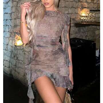 Juakoso Ruffle Mesh 2 Piece Skirt Sets 3D Floral Fringed Crop Top Low Waist Tie Dye Bodycon Mini Skirt Y2K Trendy Outfits