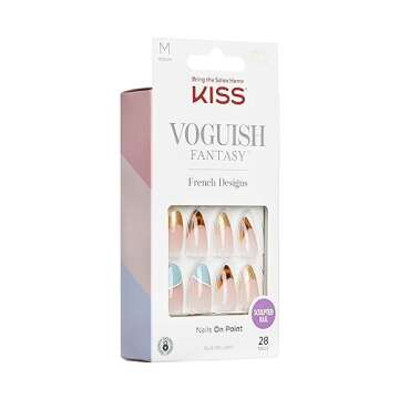 KISS Voguish Fantasy French Nails – Charmante, French Fashion Acrylic Nails, Medium, Almond, Medium Blue, Ready To Wear, Easy Removal, No Damage/Dry Time, Waterproof, Smudge Proof, Shine | 28 Count