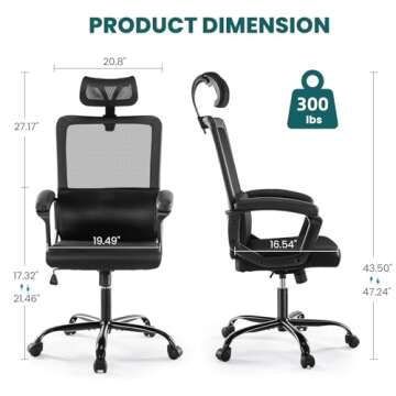SMUG Office Desk Computer Chair, Ergonomic High Back Comfy Swivel Gaming Home Mesh Chairs with Wheels, Lumbar Support, Adjustable Headrest,Comfortable Pillow,Soft Arms,120°tilt for Bedroom,Study,Black